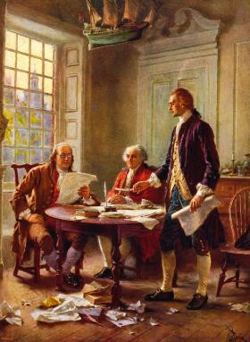 Podczas pisania Deklaracji Niepodległości w 1776 r., od lewej: Benjamin Franklin, John Adams, Thomas Jefferson; obraz olejny Jeana Ferrisa z pocz. XX w.