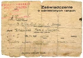 Zaświadczenie o ranach odniesionych w czasie wojny, wystawione w maju 1945 r.