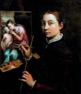 „Autoportret przy sztaludze”, Sofonisba Anguissola, olej na płótnie, 1556 r. Ten obraz znajduje się w Polsce, na zamku w Łańcucie.