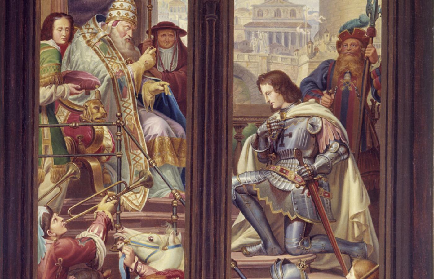 Herman von Salza, czwarty wielki mistrz i twórca potęgi Krzyżaków, otrzymuje pierścień od papieża Innocentego III