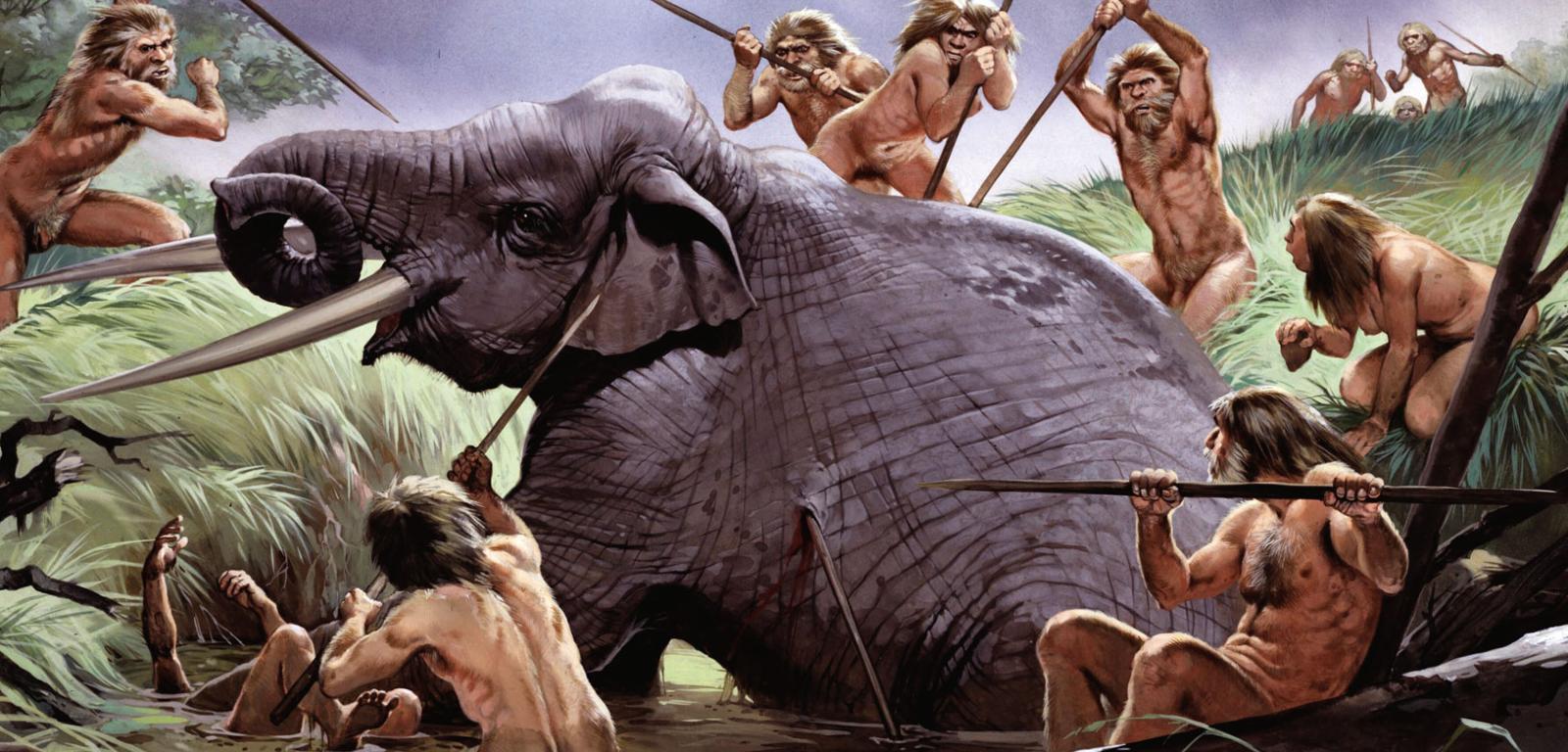 Grupa ludzi z gatunku Homo heidelbergensis – typowanego na ostatniego wspólnego przodka nas, neandertalczyków i denisowian – dobija schwytanego w pułapkę słonia (wizja artysty).
