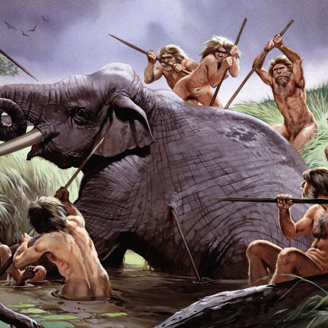 Grupa ludzi z gatunku Homo heidelbergensis – typowanego na ostatniego wspólnego przodka nas, neandertalczyków i denisowian – dobija schwytanego w pułapkę słonia (wizja artysty).
