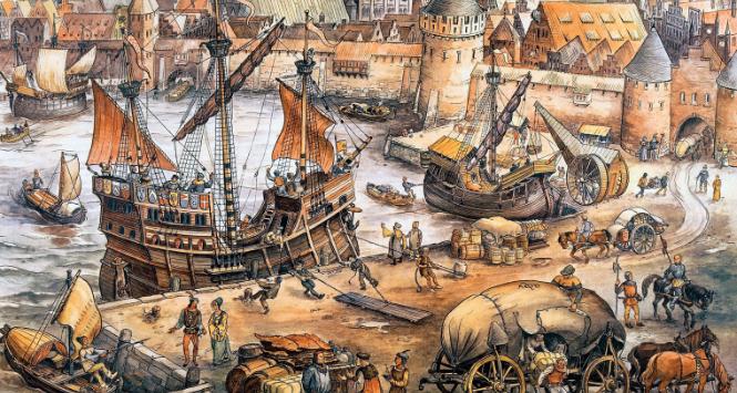 „W porcie w mieście hanzeatyckim” – akwarela z epoki.