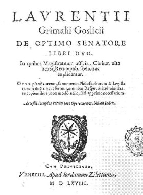 Karta tytułowa pierwszego wydania De Optimo Senatore z 1568 roku