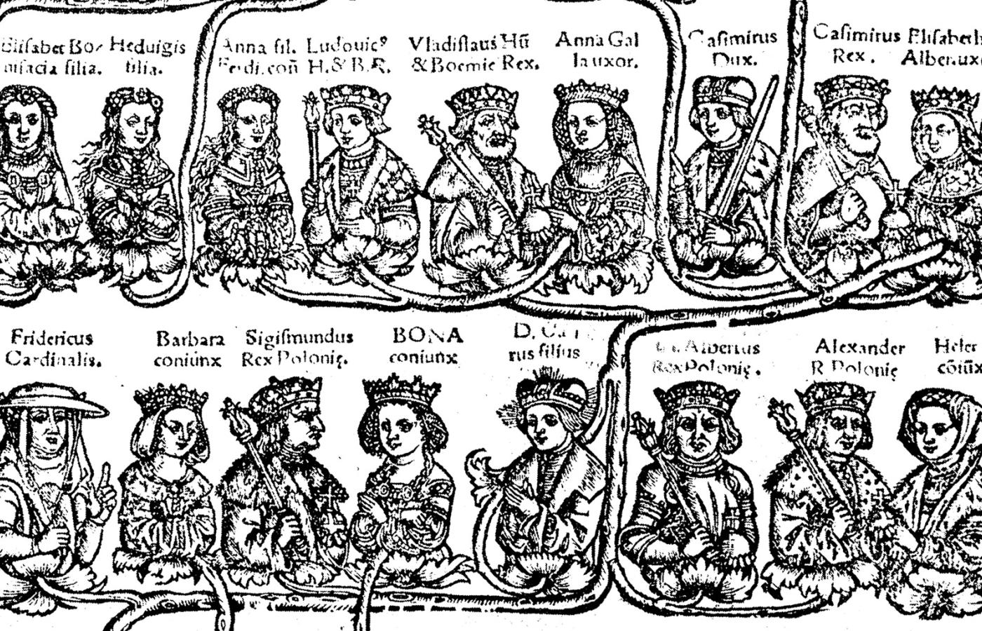 Fragment drzewa genealogicznego Jagiellonów: Aleksander z żoną Heleną z Rurykowiczów (pierwsza para od prawej w dolnym rzędzie).