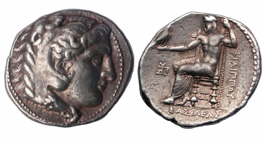 Tetradrachma Aleksandra Wielkiego z IV w. p.n.e. Awers: głowa Herkulesa; ­rewers: Zeus.