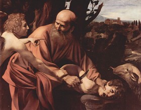 Anioł powstrzymujący rękę Abrahama, na obrazie Caravaggia