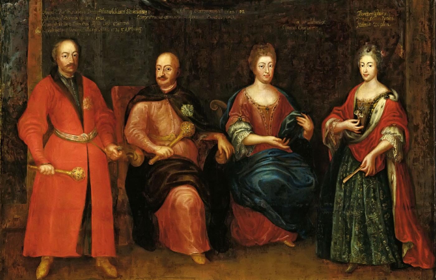 Portret rodziny Sieniawskich. Mężczyźni w żupanach i kontuszach, kobiety w sukniach o kroju zachodnim, obraz z pocz. XVIII w.