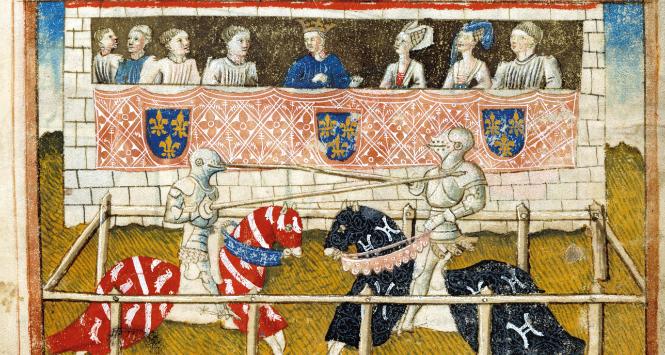 Pojedynek Jeana Chalonsa i Loysa de Beul, Tours, Francja, 1416 r. Ilustracja z epoki.