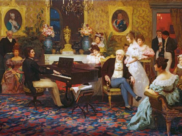 „Chopin grający na fortepianie w salonie księcia Radziwiłła”, 1887, obraz pędzla Henryka Siemiradzkiego.
