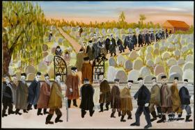 Majer Kirszenblat, Na cmentarzu, w drodze do ojelu, 1996 r., akryl na płótnie, Zbiory Muzeum POLIN, Kolekcja Sztuki Mayera July im. Rodziny Taube, dar rodziny Kirshenblatt