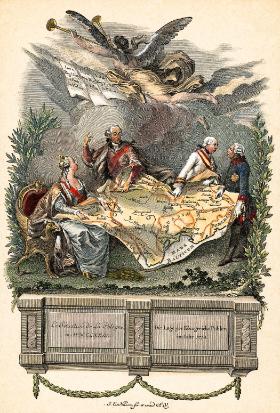 Caryca Katarzyna Wielka, król Rzeczpospolitej Stanisław August Poniatowski, cesarz Józef II Habsburg i król Prus Fryderyk II nad mapą Polski w 1773 r.; grafika Johanna Nilsona z epoki.