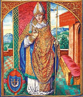 Biskup poznański Wojciech Jastrzębiec. Hierarcha włączył się w działania propagandowe Jagiełły m.in. w kurii pizańskiej papieża Jana XXIII. Ilustracja z „Catalogus archiepiscoporum Gnesnensium; Vitae episcoporum Cracoviensium” Jana Długosza, XV w.