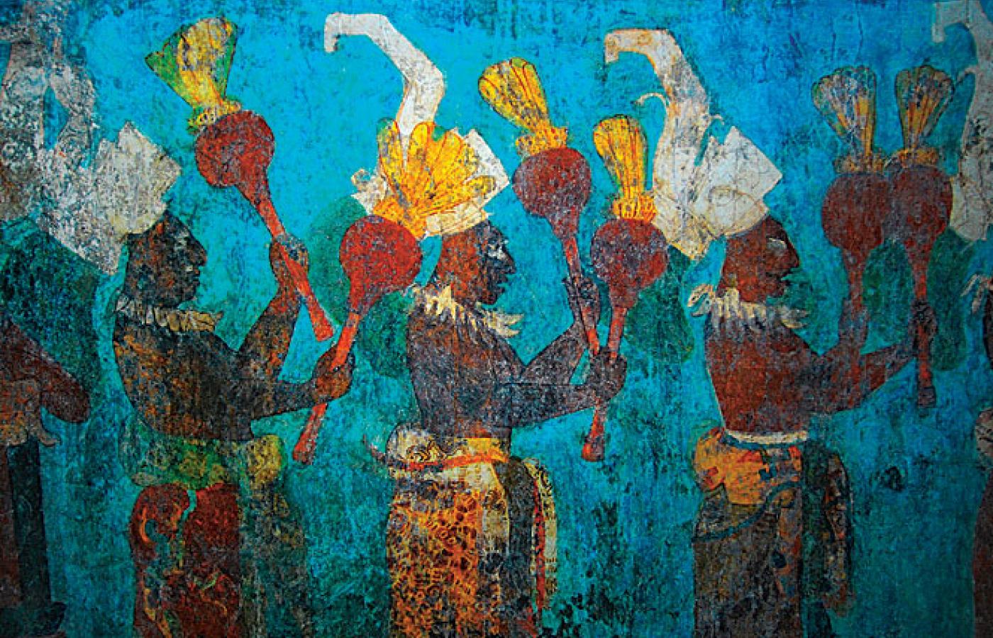 onampak, Chiapas – malowidło ścienne przedstawiające procesję muzyków z grzechotkami. Każdy z nich ma indywidualny strój z barwnej i wzorzystej tkaniny.