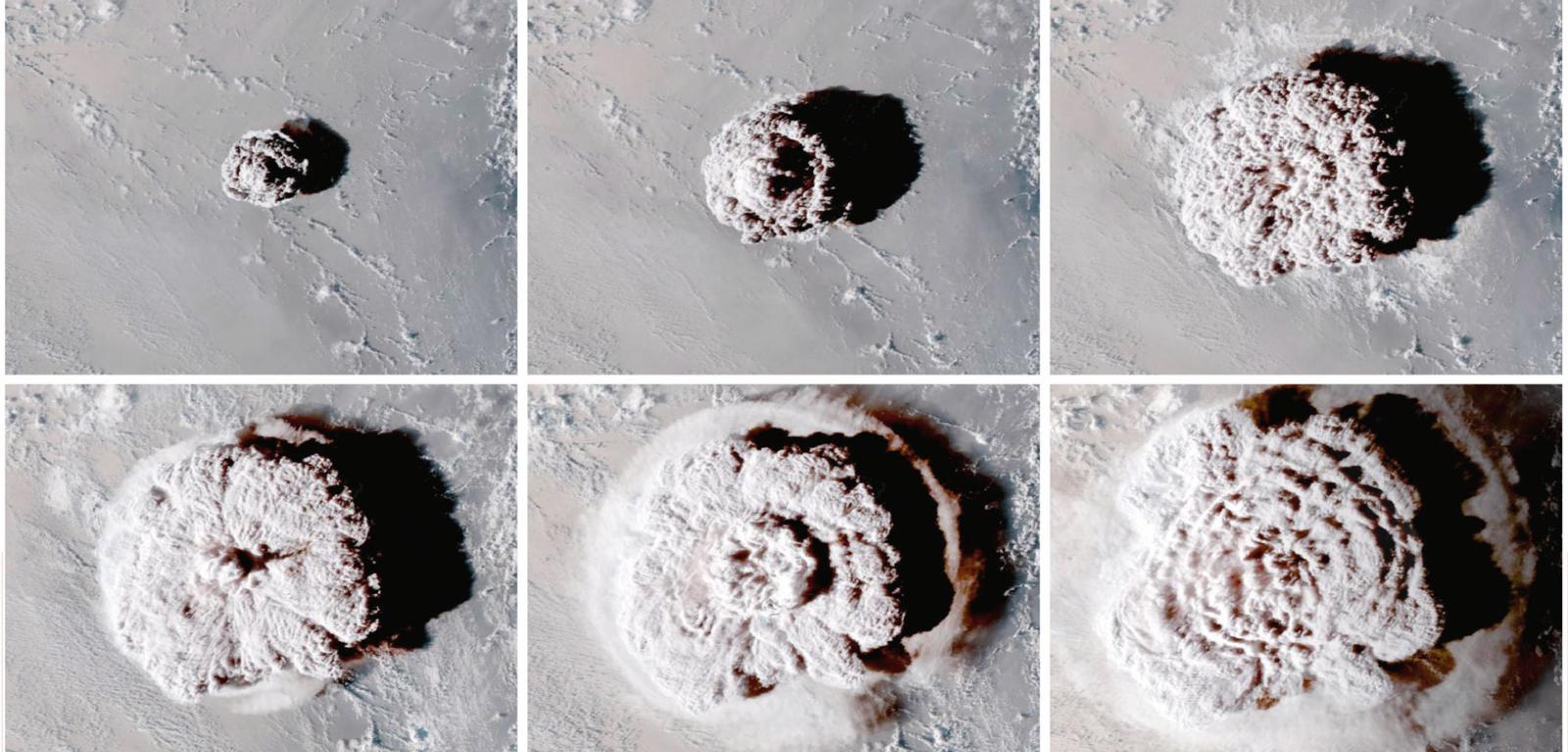 Sekwencja zdjęć wykonanych 19 stycznia 2022 r. przez satelitę GOES-West pokazujących erupcję wulkanu Hunga Tonga-Hunga Ha’apai na Oceanie Spokojnym.