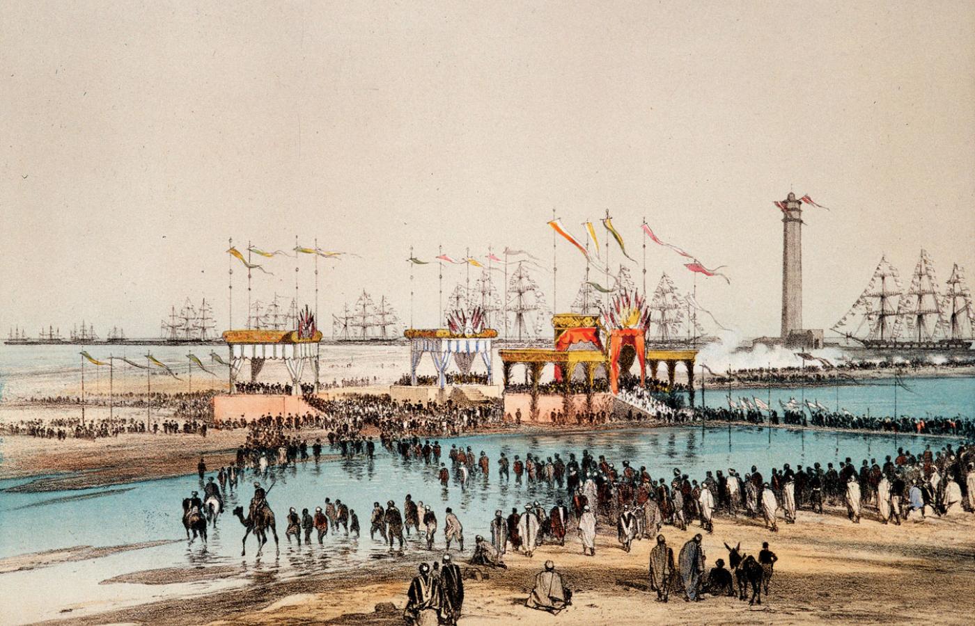 Otwarcie Kanału Sueskiego na kolorowanej litografii Eduarda Riou z 1869 r.