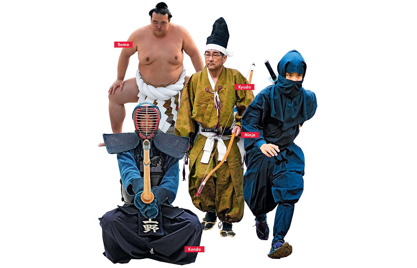 Sumo, Kyudo, Kendo, Ninjutsu: tradycyjne japońskie sztuki walki.