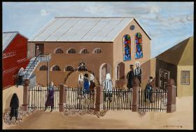 Majer Kirszenblat, Bóżnica od zewnątrz, 1990 r., akryl na płótnie, Zbiory Muzeum POLIN, Kolekcja Sztuki Mayera July im. Rodziny Taube, dar rodziny Kirshenblatt