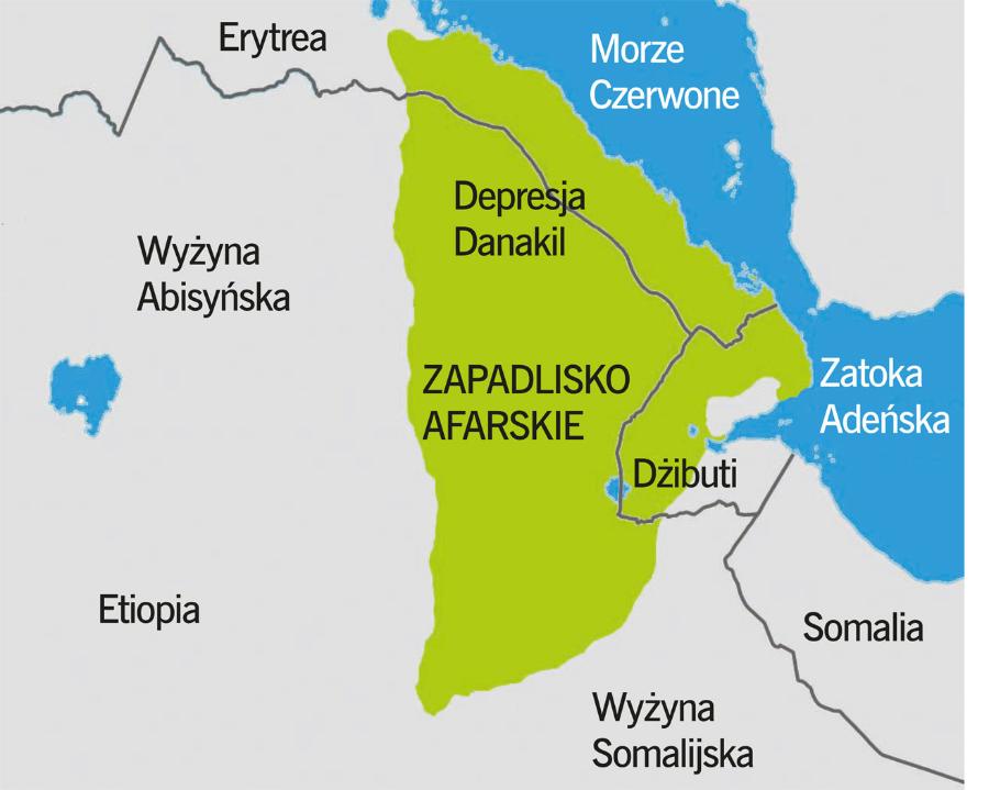 Depresja Danakil znajduje się w północnej części większej jednostki geologicznej zwanej Zapadliskiem lub Trójkątem Afarskim (­kolor zielony) zajmu­jącej powierzchnię ok. 100 tys. km2.