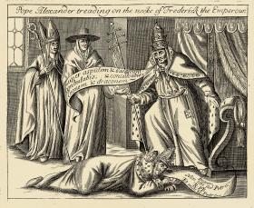 Fryderyk Barbarossa korzy sie przed papiezem Aleksandrem III, 1177 r. - wtedy, by zatrzeć te ujmę na cesarskim honorze, cesarstwo zaczęto nazywać swiętym.