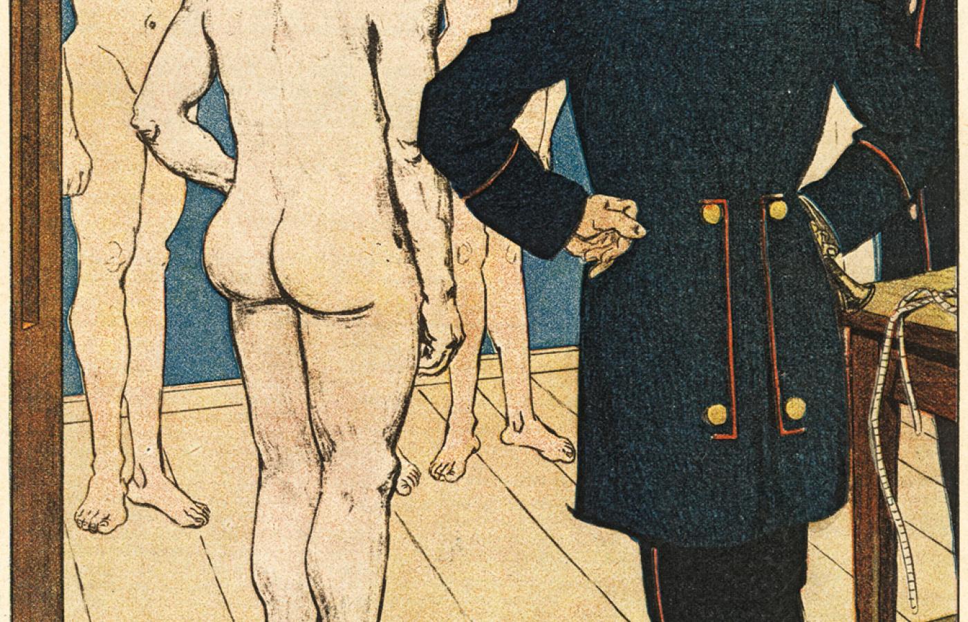 Niemiecki rysunek satyryczny z 1907 r. kpiący z homoseksualizmu w wojsku pruskim.