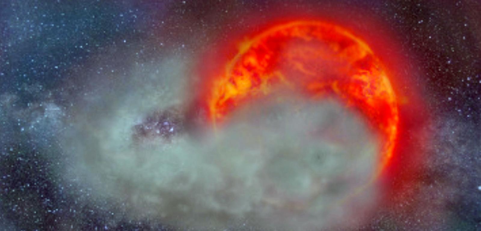 Wizja artystyczna czerwonego olbrzyma zaćmiewanego przez chmurę pyłu otaczającą małomasywnego towarzysza gwiazdy/Matylda Soszyńska