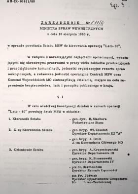 Fragment zarządzenia MSW o powołaniu sztabu do kierowania antyzwiązkową akcją „Lato-80”