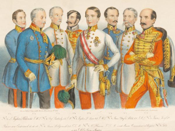 19-letni cesarz Franciszek Józef I w otoczeniu wiernych mu generałów. Od prawej: Joseph Jelačić i Julius von Haynau. Drugi z lewej: Joseph Radetzky. Rysunek z 1849 r.