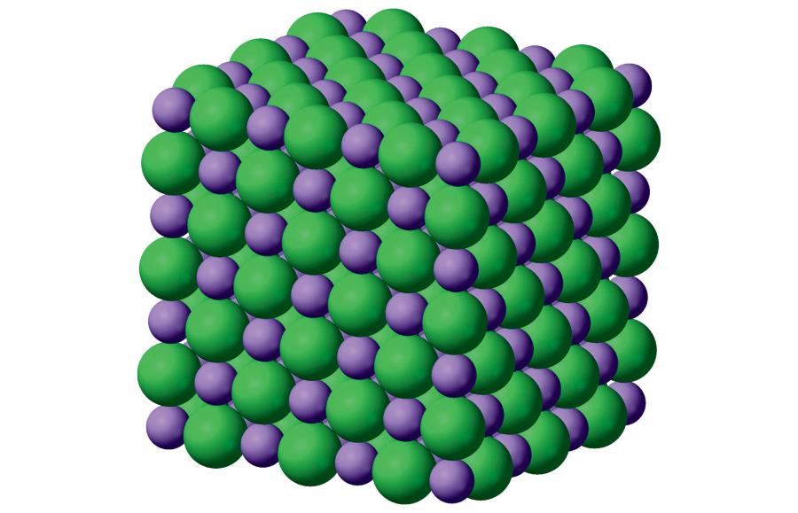 Trójwymiarowa struktura kryształu NaCl (Na+ – fioletowe, Cl– – zielone).