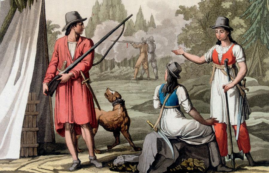 Kapitan Jack Rackham, Mary Read i Anne Bonny odpoczywają między pirackimi eskapadami w Indiach Wschodnich. Ilustracja z XIX w.
