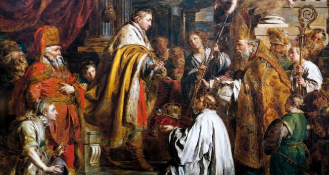 Stefan I otrzymuje koronę Węgier od papieża Sylwestra II w 1000 r.; obraz Pierre’a Josepha Verhagena z końca XVIII w.