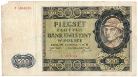 Okupacyjne pieniądze niemieckie w obiegu w GG w latach 1939-45; banknot 500-złotowy, popularnie nazywany góralem