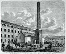 Gmach główny fabryki tytoniu i tabaki L. Kronenberga w Warszawie od strony maszyny parowej. Rysował z natury Ksawery Pillati.