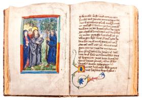 Łacińska ręcznie pisana Biblia ze złotymi zdobieniami i ilustracjami