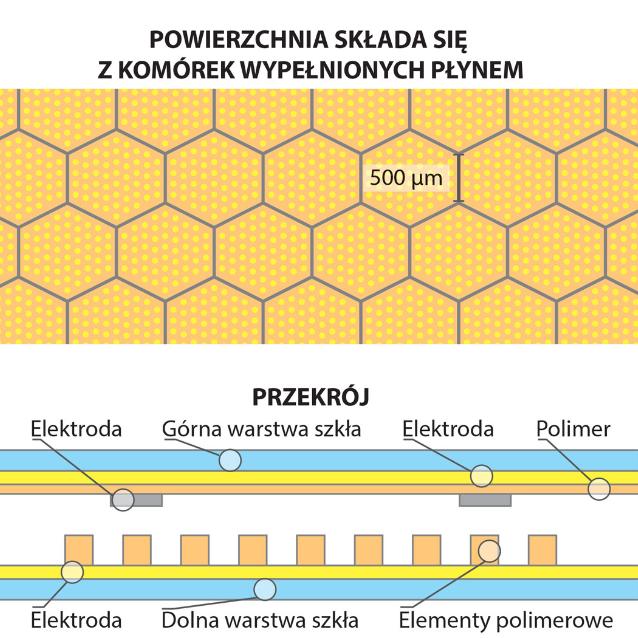 University of Cincinnati. Kolorem szyby steruje się za pomocą zmian napięcia elektrycznego, skutkującego zmianą ustawienia pigmentu (ulokowany między elektrodami).