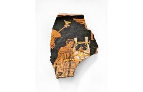 Mężczyzna grający na cytrze. Fragment ceramicznej misy z Apulii z 380–370 r. p.n.e.