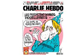 Najnowsza okładka pisma odnosi się do ostatniej dyskusji na temat islamofobii we Francji i ostatniej książki Michela Houellebecqa. Na okładce postać pisarza mówi: „W 2015 stracę zęby... w 2022 będę obchodzić Ramadan”.