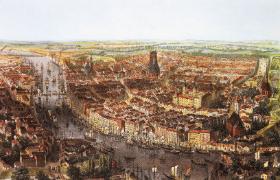 Rycina przedstawiająca XIX-wieczny Szczecin i przepływającą przez miasto Odrę.