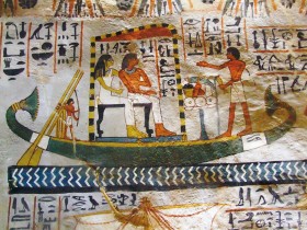 Malowidło odkryte w grobowcu z czasów Nowego państwa, przedstawiające dostojnika Sennefera podróżującego po Nilu wraz z małżonką.