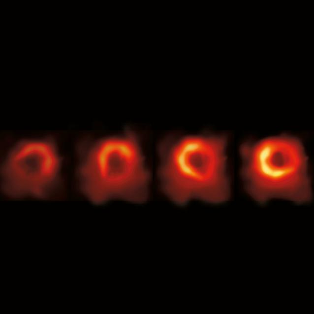 Prawdziwe obrazy supermasywnej czarnej dziury z centrum galaktyki Messier 87 uzyskane przez Event Horizon Telescope.