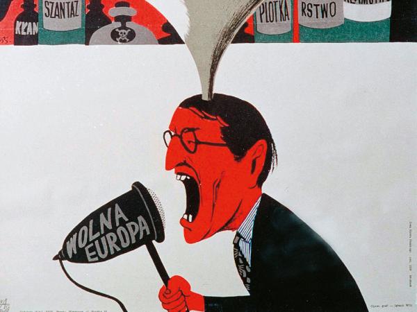 Polski plakat propagandowy z 1955 r. ostrzegający przed RWE