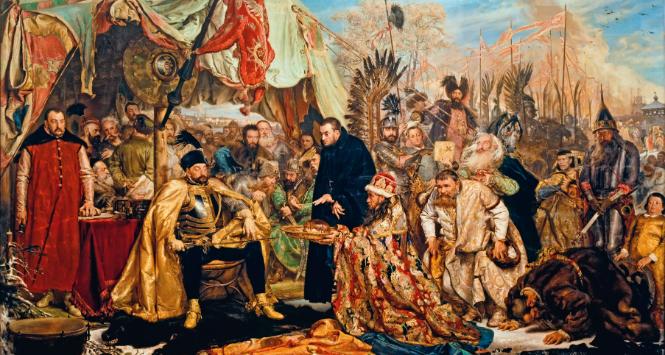 Poselstwo Iwana IV proszące pod Pskowem Stefana Batorego o pokój podczas polsko-rosyjskiej wojny o Inflanty 1577-82; obraz Jana Matejki z 1872 r.
