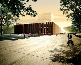 Kolejny projekt Tomasza Koniora - katowicka siedziba Narodowej Orkiestry Symfonicznej Polskiego Radia. Na zdjęciu - wejście główne