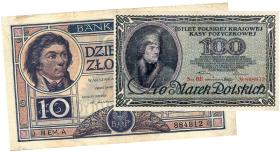 Banknoty polskie z podobizną naczelnika z czasów II RP: 10 zł z 1924 r. Banku Polskiego (z lewej) i 100 marek Polskiej Krajowej Kasy Pożyczkowej z 1919 r.