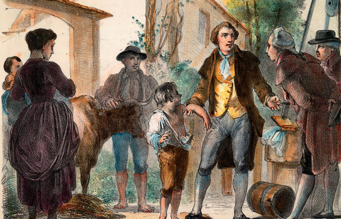 Edward Jenner „szczepi” Anglików na ospę - ilustracja z początku XIX w.