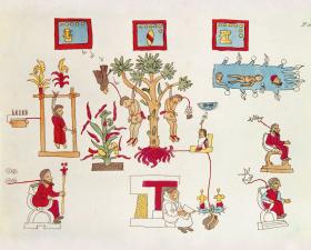 Przemoc podczas hiszpańskiej konkwisty w Meksyku; ilustracja z kodeksu „Telleriano-Remensis”, dokumentu prekolumbijskiego spisanego w XVI w. w języku nahuatl.