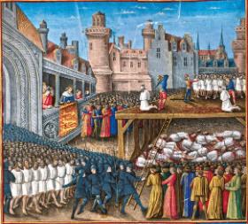 Masakra jeńców muzułmańskich zarządzona przez króla Ryszarda, ilustracja autorstwa Jeana Colombe, XV w.
