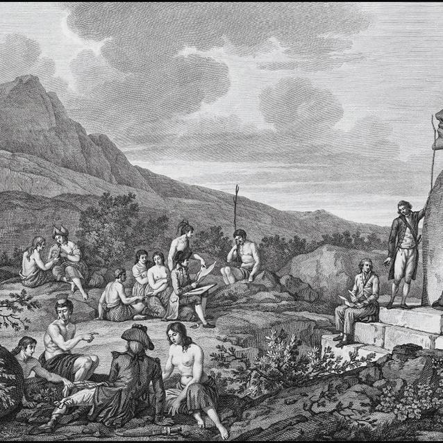 W 1786 r. do Rapa Nui dotarły francuskie żaglowce, którymi dowodził Jean-François de Galaup. Autorem ilustracji jest uczestnik ekspedycji Gaspard Duché de Vancy.