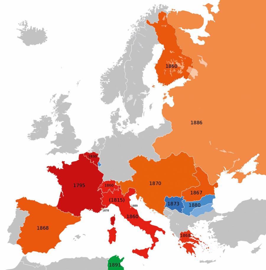 Mapa ­przedstawia państwa Europy działające w ramach Łacińskiej Unii Monetarnej w latach 1866–1914. Założycielami były: Belgia, Francja, Szwajcaria, Luksemburg i Włochy. Lata oznaczają rok wstąpienia do Unii.