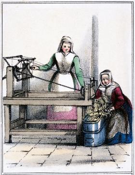 Kobiety rozwijające kokony, brytyjska litografia z 1845 r.